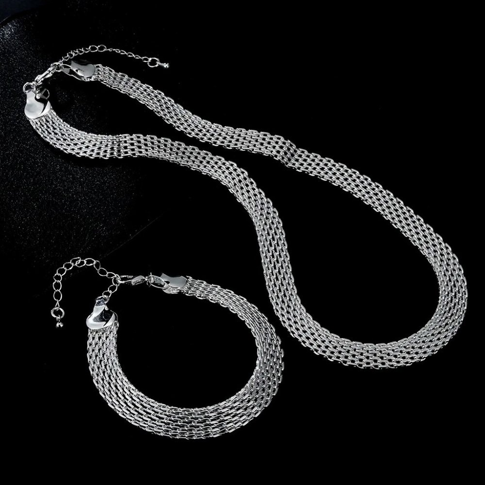 Beautiful 2 Pc. Necklace and Bracelet Set Mesh / Net - 925 Sterling Silver - Picture 2 of 13